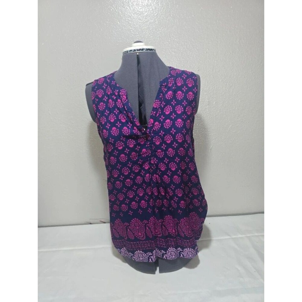 Faded Glory Blue Pink Floral 100% Rayon Sleeveless Boho V-Neck Blouse Size L